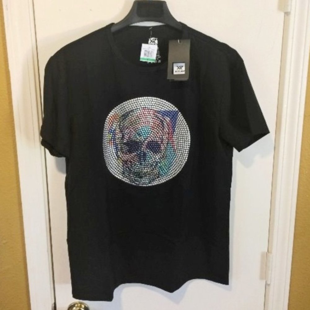 XRAY men's L large trippy shiny stick on studded rainbow hologram skull t-shirt